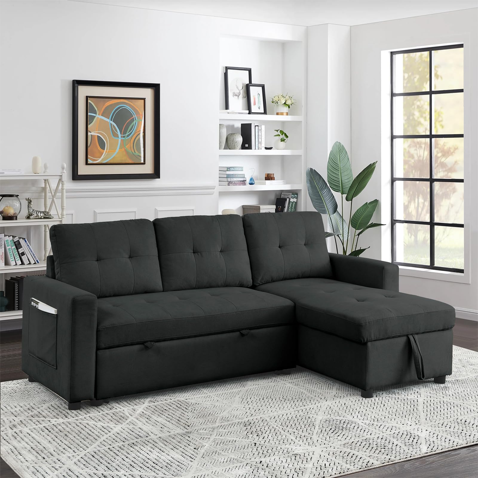 Antetek Reversible Sleeper Sectional Sofa with Pull-Out Bed, Comfy Tufted L-Shaped Sectional Sofa Couch Bed with Storage Chaise Side Pocket, Furniture Set for Living Room, Small Space, Black