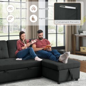 Antetek Reversible Sleeper Sectional Sofa with Pull-Out Bed, Comfy Tufted L-Shaped Sectional Sofa Couch Bed with Storage Chaise Side Pocket, Furniture Set for Living Room, Small Space, Black