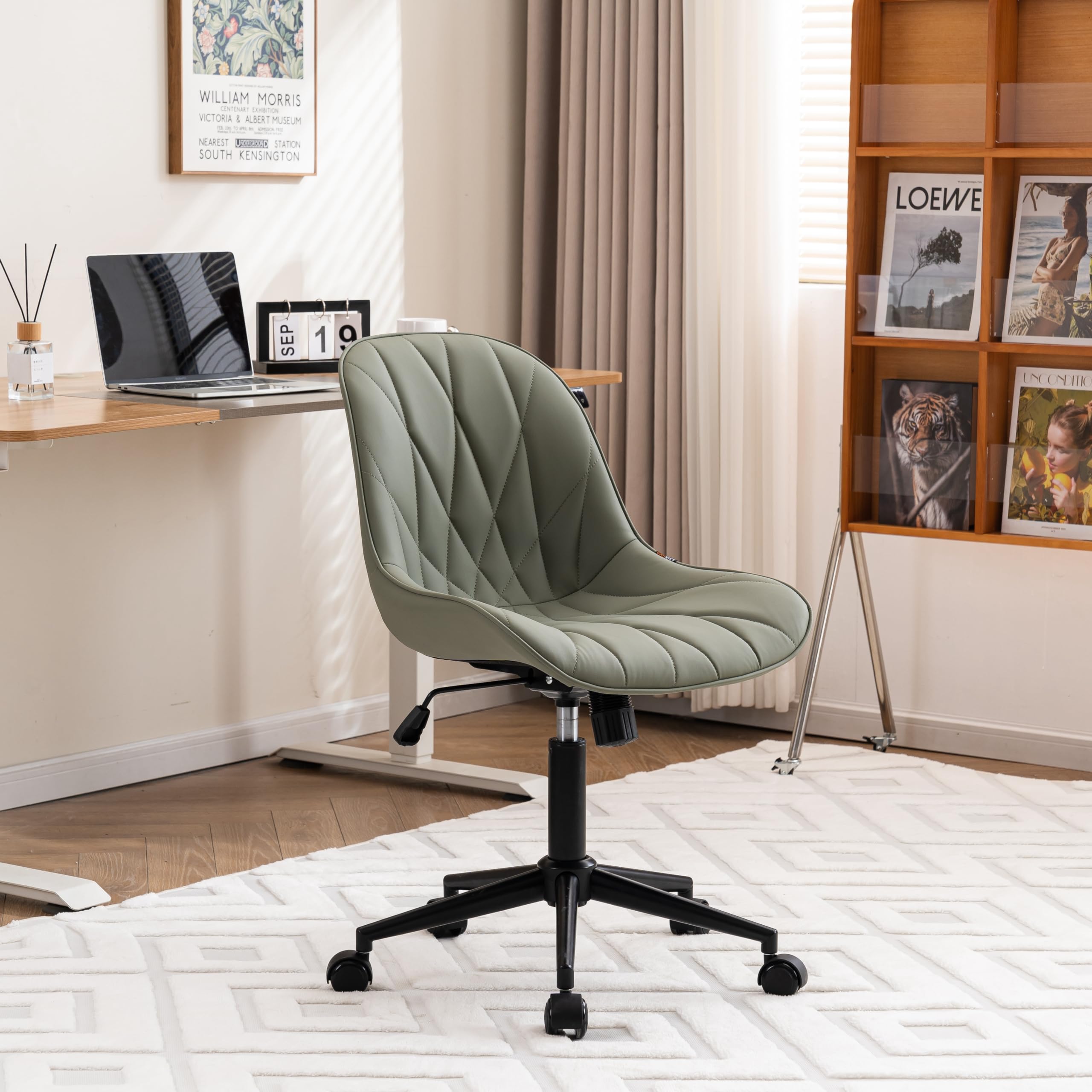 YOUNIKE Office Chair Desk Chair, Home Office Desk Chairs with Wheels, Armless Swivel Computer Chairs with Tilt Lever, Cute Small Upholstered Task Chairs for Compact Space, Olive Green