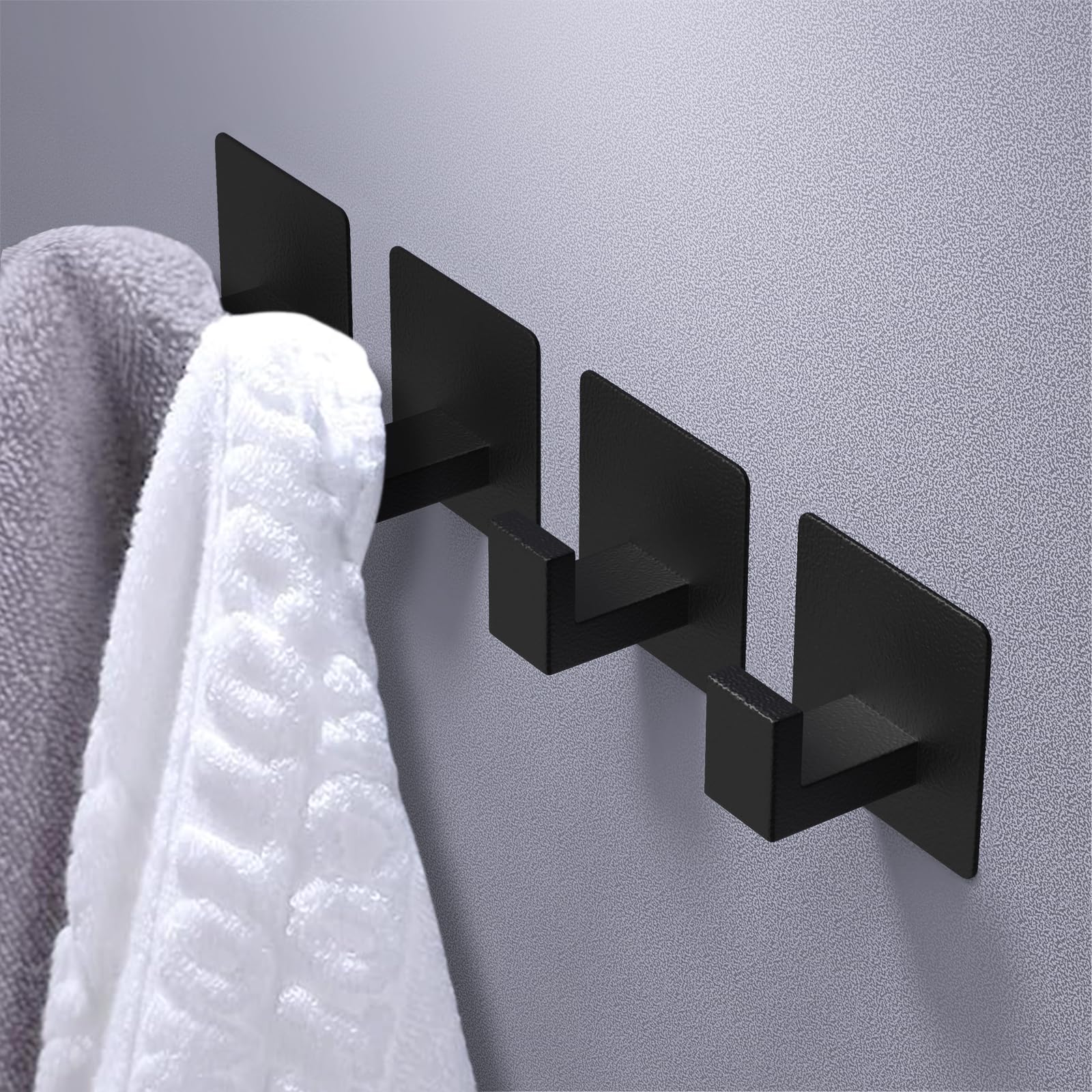 VAEHOLD Adhesive Towel Hooks, Heavy Duty Wall Hooks Aluminum Black Hooks for Hanging Coat, Hat, Towel, Robe, Clothes, Shower Hook for Door, Office, Kitchen, Bathroom - 2 Pack (Black)