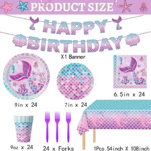 122Pcs Mermaid Birthday Party Decorations Set Mermaid Party Supplies Includes Plates, Napkin, Fork, Cup, Tablecloth, Banner for Baby Shower Ocean Birthday Party Decorations, Serves 24