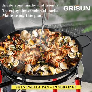 GRISUN Paella Pan, Paella Burner and Stand Set, Paellera Set, 24 Inch Enameled Paella Pan Set, with Built-In Ignitor, Regulator Hose, Carry Bag, Durable Legs with Bottom Shelf, Side Shelf(19 Servings)