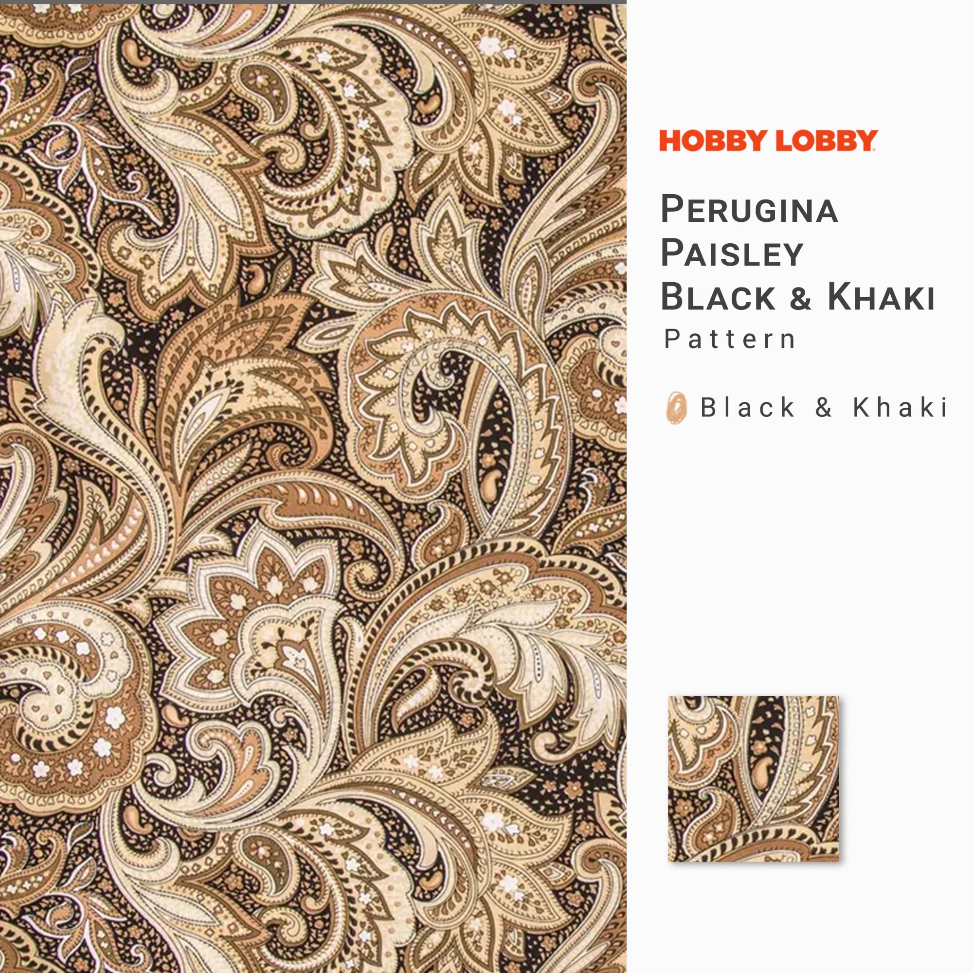 Perugina Paisley Black & Khaki Cotton Calico Fabric (1 Yard) – Printed Sewing Fabric by The Yard – Lightweight Precut Fabric for Sewing Clothes, Homeware, & Other Accessories – DIY Craft Fabric