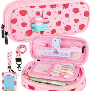 LISEVO Cute Pencil Case - Aesthetic Strawberry Pencil Pouch, Medium Capacity Colorful Pen Bag with Zipper, School Supplies Organizer Stationary Pen Holder for Girls Teens