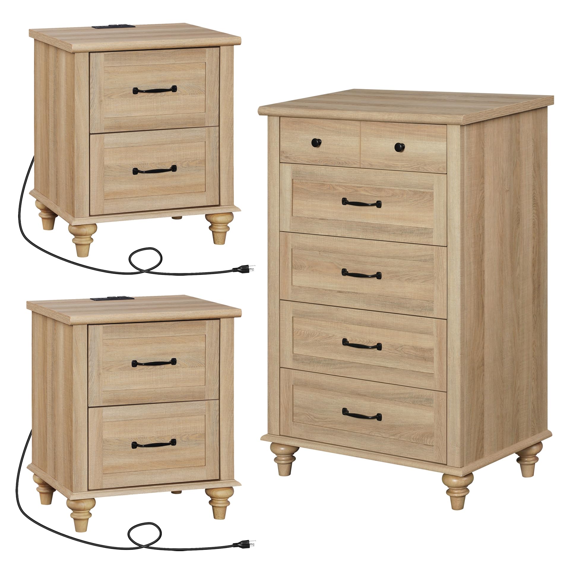 WAMPAT 3 Piece Dresser and Nightstand Sets, Farmhouse Dresser & Chest of Drawers with 5 Drawers & Metal Handle, Set of 2 Nightstands End Table with Charging Staion, 3 Piece Bedroom Set, Oak