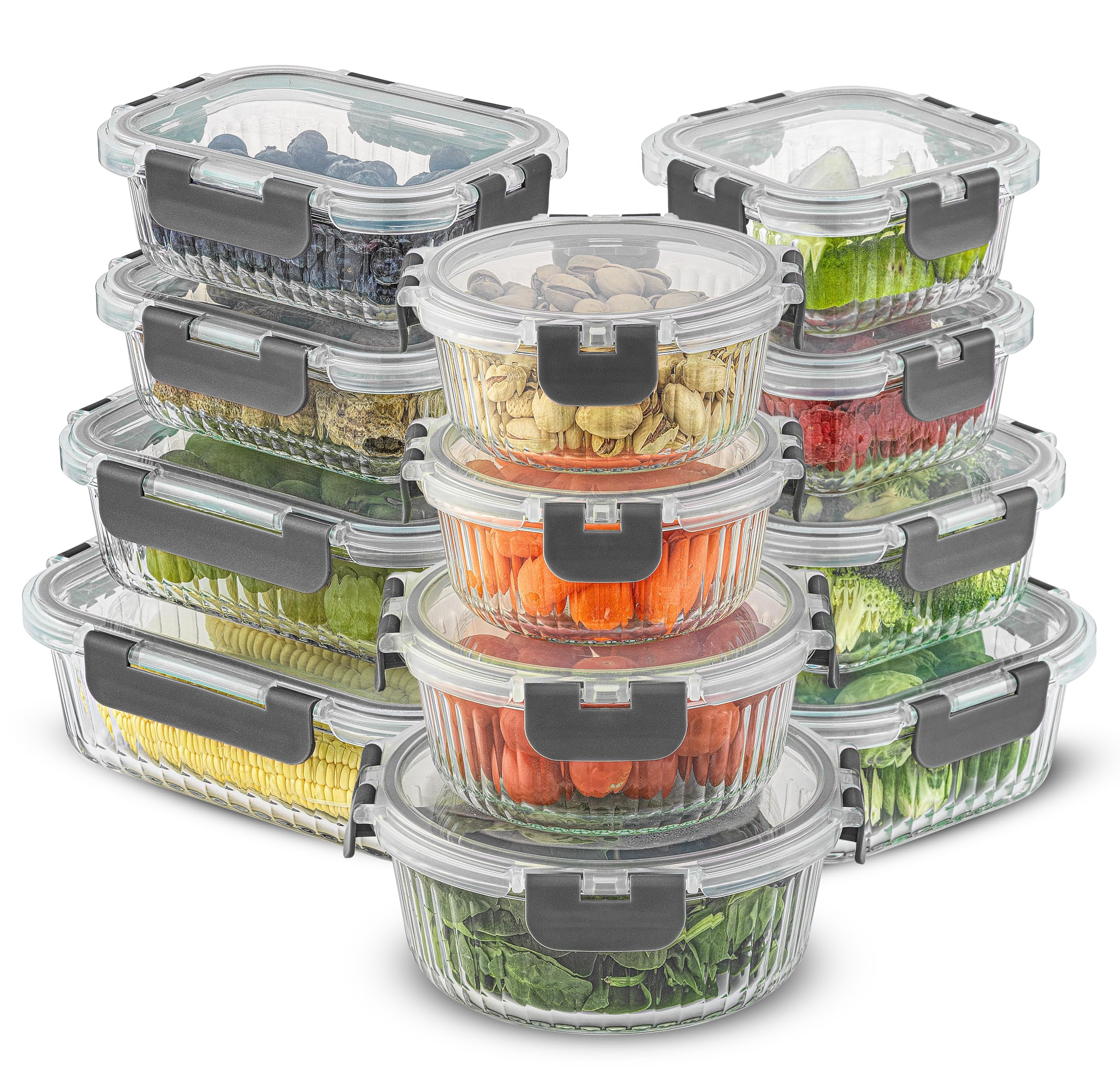 JoyJolt 24pc Fluted Glass Storage Containers with Lids. 12 Airtight, Freezer Safe Food Storage Containers, Pantry Kitchen Storage Containers, Glass Meal Prep Containers for Lunch