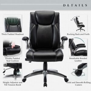 COLAMY Executive Office Ergonomic Chair with Thick Bonded Leather, Flip-up Armrests, High Back Adjustable Height and Tilt for Working, Study, Gaming