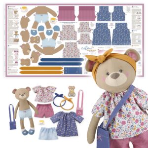 kullaloo doll sewing panel for intermediate skills ✦ with video instructions ✦ cut & sew fabric panel doll with clothes: dress me bestie betsy bear