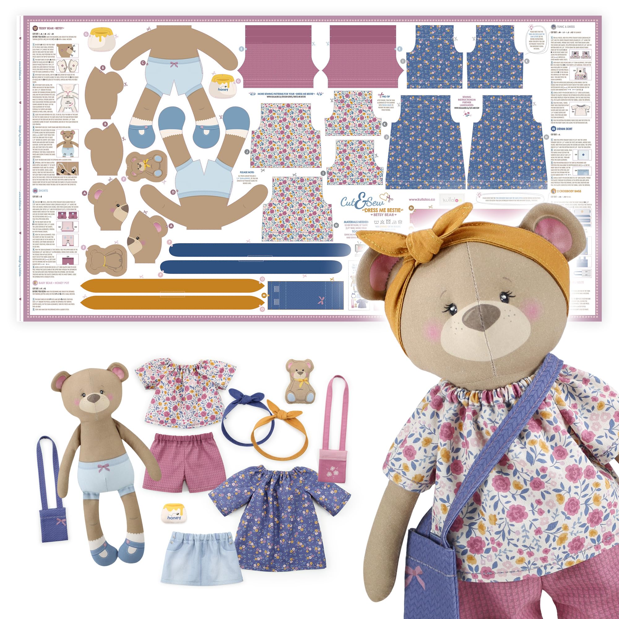 kullaloo Doll Sewing Panel for Intermediate Skills ✦ with Video Instructions ✦ Cut & Sew Fabric Panel Doll with Clothes: Dress Me Bestie Betsy Bear