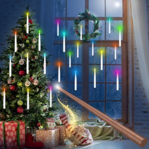 color changing floating candles with magic wand remote, christmas decorations magical hanging candles, 12pcs flameless taper candle with multi-color battery operated window candles for christmas decor