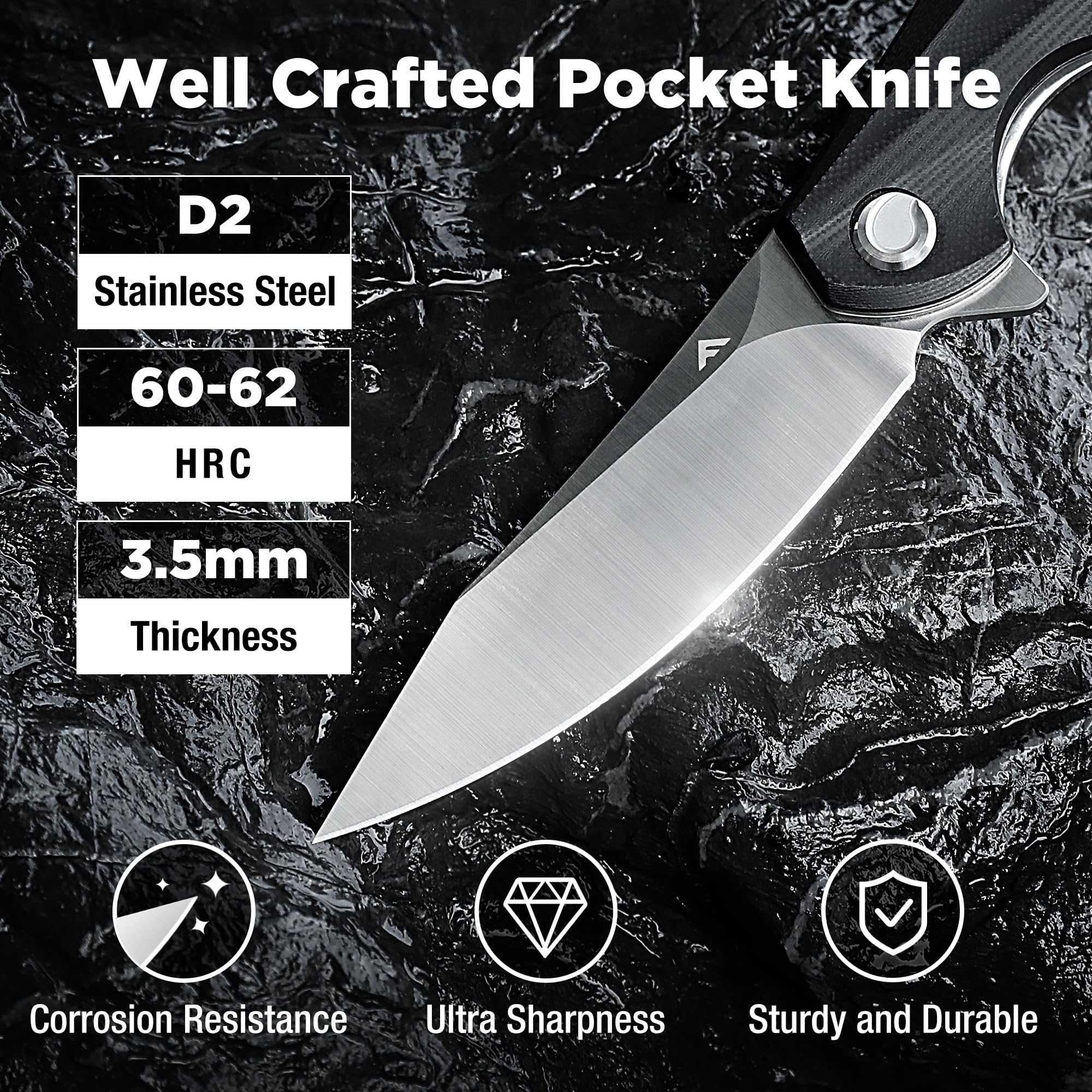 FLISSA Folding Pocket Knife, 3.75" D2 Steel Blade, G10 Handle, EDC Knife with Pocket Clip for Men, Ball Bearings Pivot, Assisted One-Handed Flipper Opening, Liner Lock, Sharp Camping Survival Hiking Knives