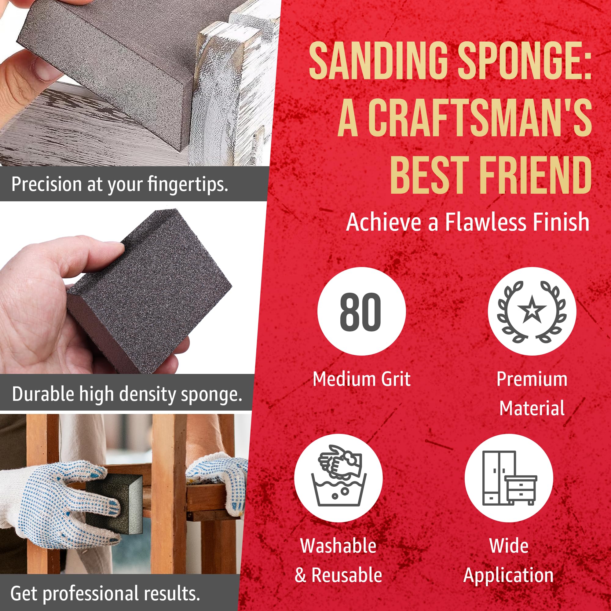 Virginia Abrasives 5” x 3” x 1” Single Angle Medium Grit Sanding Sponge Blocks - Washable and Reusable Sandpaper Foam Bricks/Pads Perfect for Finishing Drywall, Wood, Metal - Wet and Dry - 24 Pcs Pack