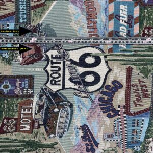 FABRIC EMPIRE - Classic Retro Route 66 Inspired Tapestry Fabric, Motel, Diner, Gas Station Theme - 56" W, Sold by The Continuous Yard, Tote Bags, Accent Pillows, Upholstery (Large, Route 66 Logo)