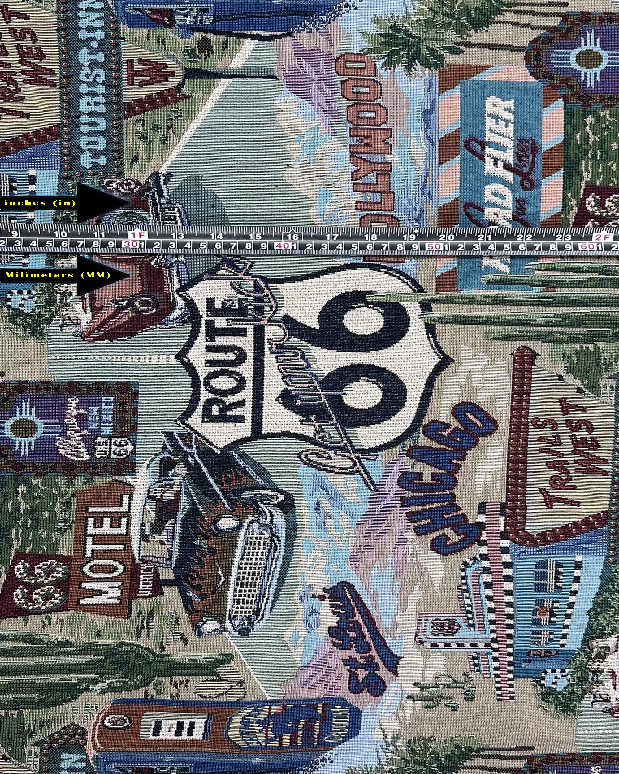 FABRIC EMPIRE - Classic Retro Route 66 Inspired Tapestry Fabric, Motel, Diner, Gas Station Theme - 56" W, Sold by The Continuous Yard, Tote Bags, Accent Pillows, Upholstery (Large, Route 66 Logo)