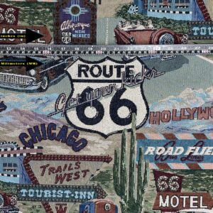 FABRIC EMPIRE - Classic Retro Route 66 Inspired Tapestry Fabric, Motel, Diner, Gas Station Theme - 56" W, Sold by The Continuous Yard, Tote Bags, Accent Pillows, Upholstery (Large, Route 66 Logo)