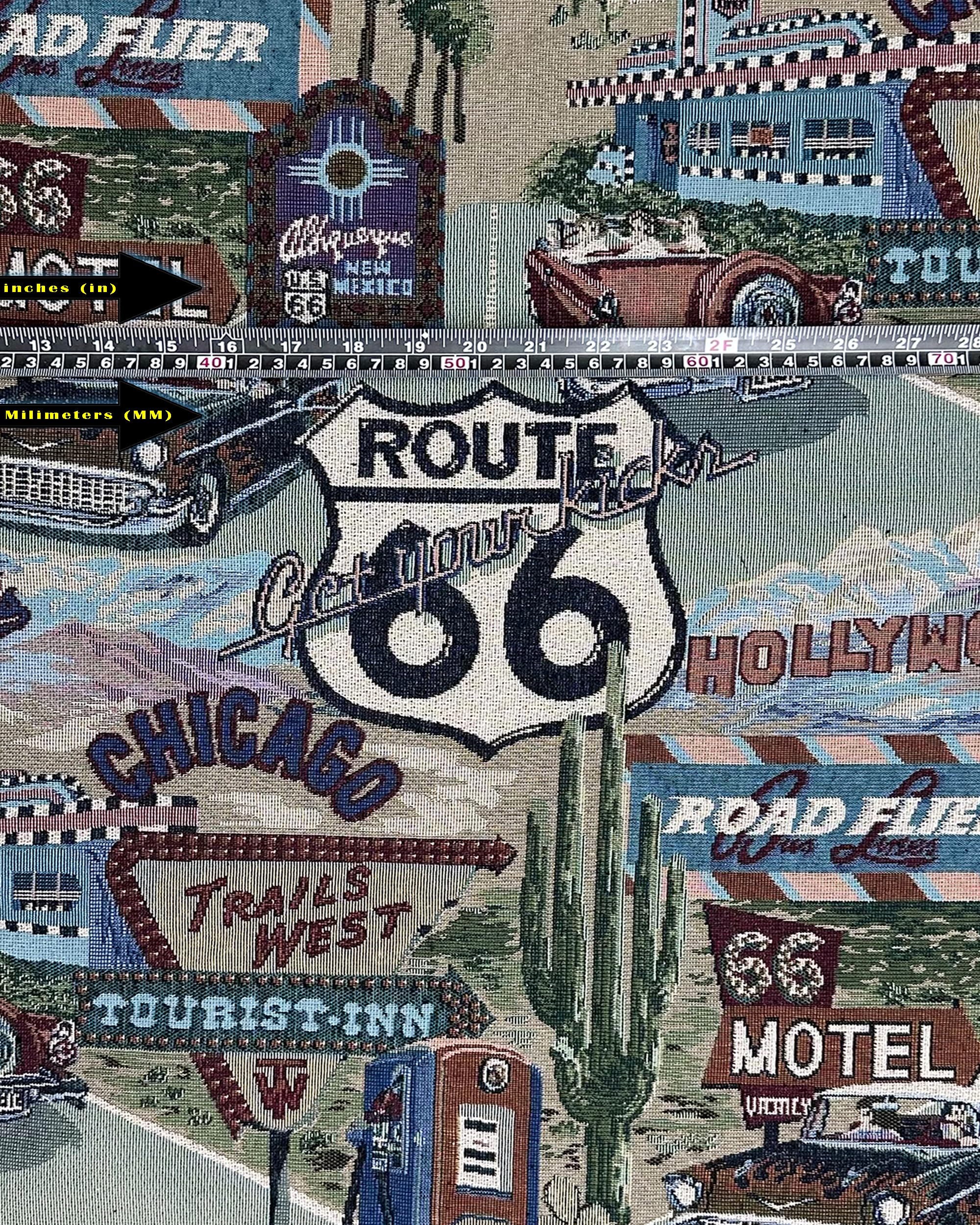 FABRIC EMPIRE - Classic Retro Route 66 Inspired Tapestry Fabric, Motel, Diner, Gas Station Theme - 56" W, Sold by The Continuous Yard, Tote Bags, Accent Pillows, Upholstery (Large, Route 66 Logo)