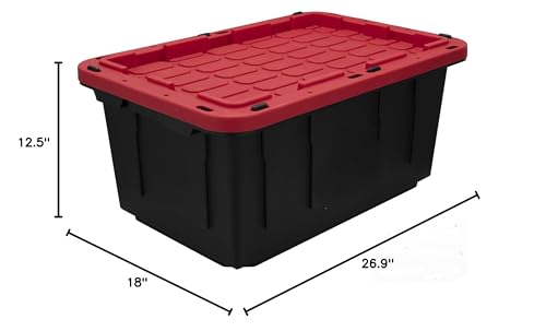 Tough - 17 Gallon Snap Lid Plastic Storage Tote, Black Base/Red Lid, Set of 4