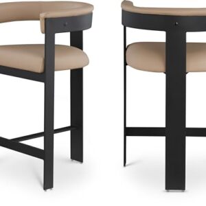 Meridian Furniture 414Tan-C Romeo Collection Modern | Contemporary Counter Stool with Soft Tan Vegan Leather, Matte Black Metal Frame, 22.5" W x 20" D x 35.5" H, Tan, Set of 2