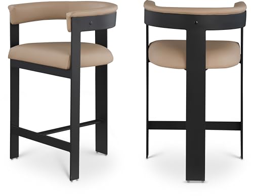 Meridian Furniture 414Tan-C Romeo Collection Modern | Contemporary Counter Stool with Soft Tan Vegan Leather, Matte Black Metal Frame, 22.5" W x 20" D x 35.5" H, Tan, Set of 2