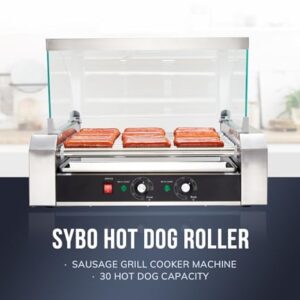 SYBO Hot Dog Roller, 30 Hot Dogs 11 Rollers Grill Cooker Machine with Removable Stainless Steel Drip Tray and Glass Hood Cover, 1430-Watts, Perfect for Commercial And Party