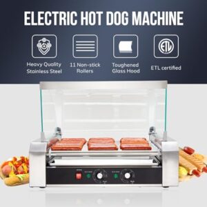 SYBO Hot Dog Roller, 30 Hot Dogs 11 Rollers Grill Cooker Machine with Removable Stainless Steel Drip Tray and Glass Hood Cover, 1430-Watts, Perfect for Commercial And Party