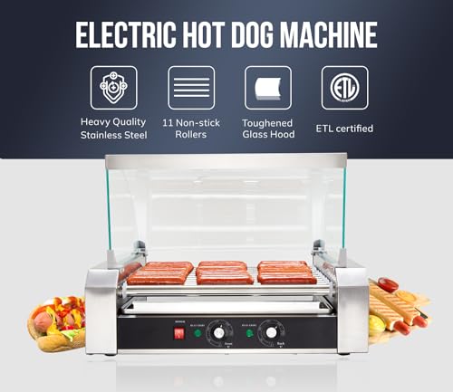 SYBO Hot Dog Roller, 30 Hot Dogs 11 Rollers Grill Cooker Machine with Removable Stainless Steel Drip Tray and Glass Hood Cover, 1430-Watts, Perfect for Commercial And Party