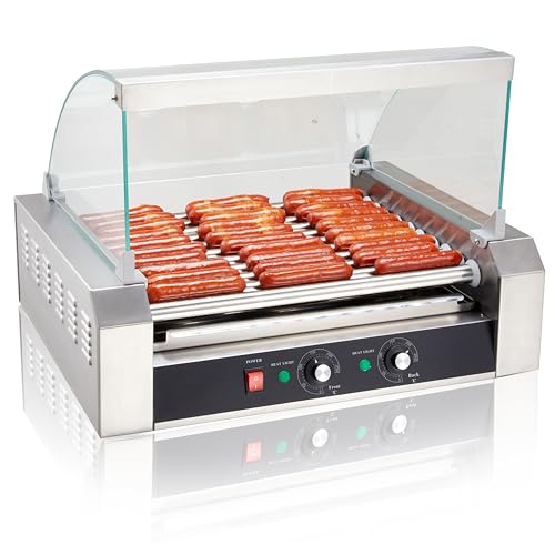 SYBO Hot Dog Roller, 30 Hot Dogs 11 Rollers Grill Cooker Machine with Removable Stainless Steel Drip Tray and Glass Hood Cover, 1430-Watts, Perfect for Commercial And Party