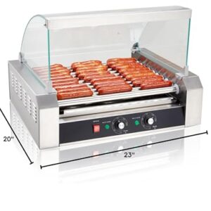 SYBO Hot Dog Roller, 30 Hot Dogs 11 Rollers Grill Cooker Machine with Removable Stainless Steel Drip Tray and Glass Hood Cover, 1430-Watts, Perfect for Commercial And Party