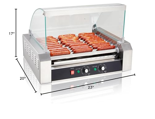 SYBO Hot Dog Roller, 30 Hot Dogs 11 Rollers Grill Cooker Machine with Removable Stainless Steel Drip Tray and Glass Hood Cover, 1430-Watts, Perfect for Commercial And Party