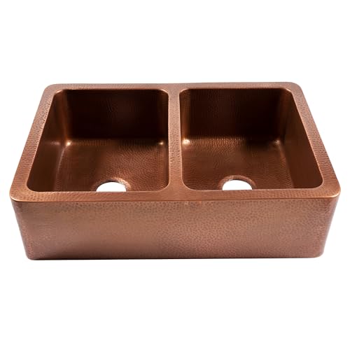 Sinkology Adams Copper 33" Double Bowl Farmhouse Apron Front Undermount Kitchen Sink