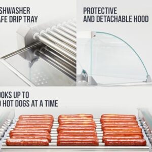 SYBO Hot Dog Roller, 30 Hot Dogs 11 Rollers Grill Cooker Machine with Removable Stainless Steel Drip Tray and Glass Hood Cover, 1430-Watts, Perfect for Commercial And Party