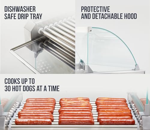 SYBO Hot Dog Roller, 30 Hot Dogs 11 Rollers Grill Cooker Machine with Removable Stainless Steel Drip Tray and Glass Hood Cover, 1430-Watts, Perfect for Commercial And Party