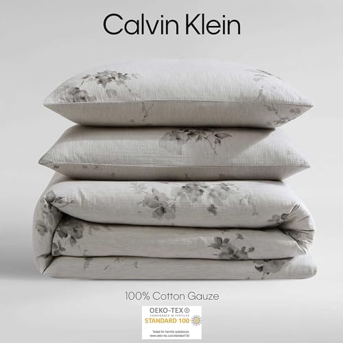 Calvin Klein - King Duvet Cover Set, Soft Cotton Bedding, Floral Home Decor (Aquarelle Floral Grey, King)