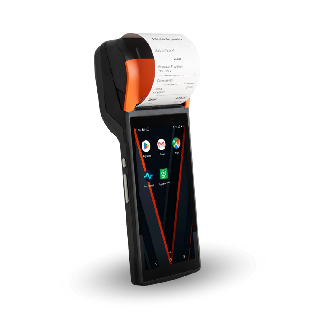 Multzo POS PDA Receipt Printer 58mm High Speed Thermal Printer with Android 12, 5.45’’ Touch Screen. Handheld Mobil SUNMI Point of Sale Tablet. Scan 1D/2D barcodes. (Black + Orange)