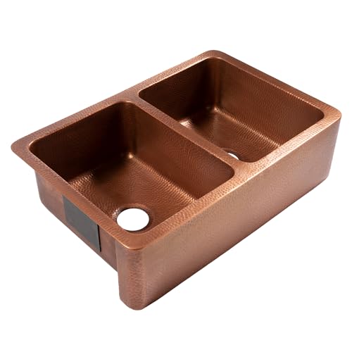 Sinkology Adams Copper 33" Double Bowl Farmhouse Apron Front Undermount Kitchen Sink