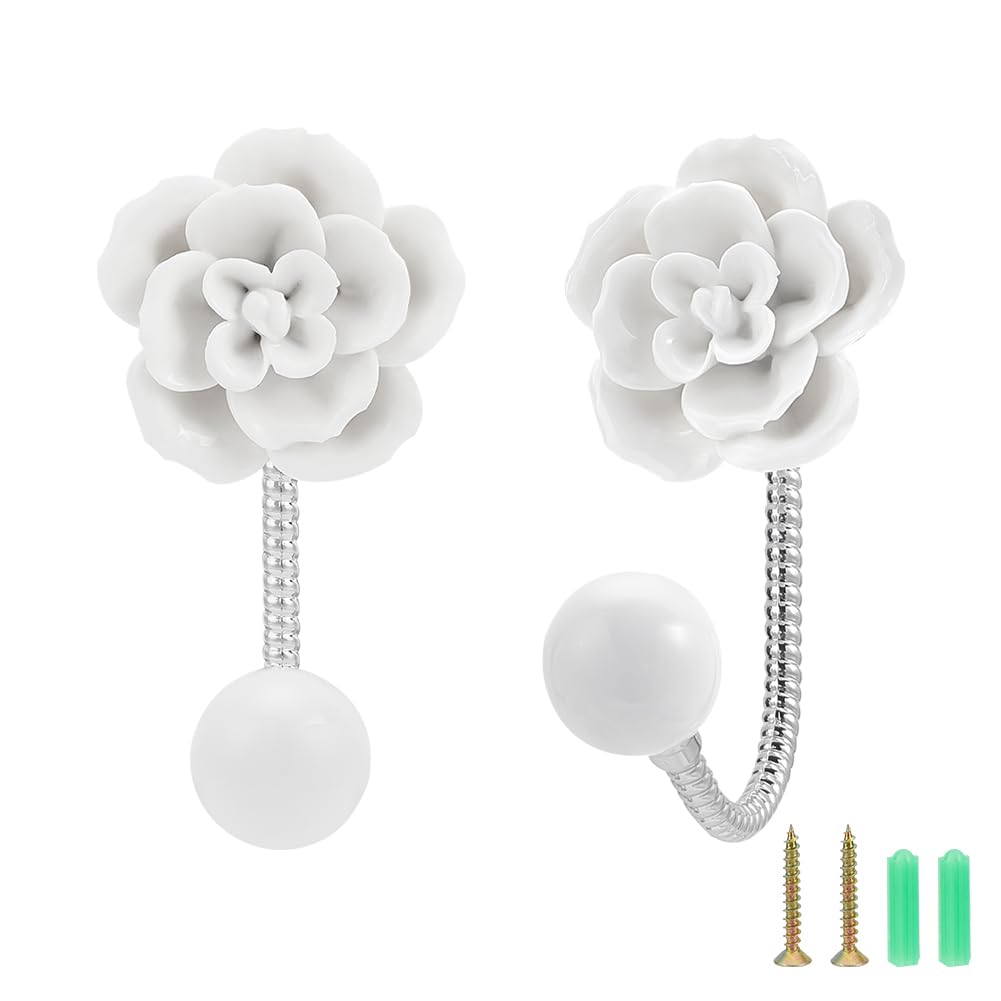 NBEADS 2 Sets Flower Ceramic Wall Hooks, White Floral Wall Coat Hooks Decorative Robe Hooks with Screw and Anchor Plug for Scarf Bag Towel Hat in Hallway Kitchen Closets Bathroom