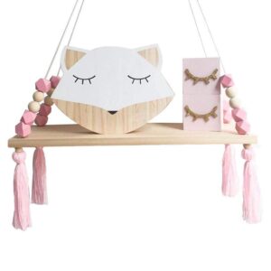 floating shelf, wall shelf child decorative shelf hanging with rope and wooden board princess bedroom wall mounted shelf for bathroom decor, bedroom, living room and plants (pink)