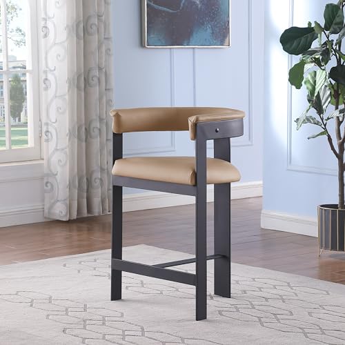 Meridian Furniture 414Tan-C Romeo Collection Modern | Contemporary Counter Stool with Soft Tan Vegan Leather, Matte Black Metal Frame, 22.5" W x 20" D x 35.5" H, Tan, Set of 2