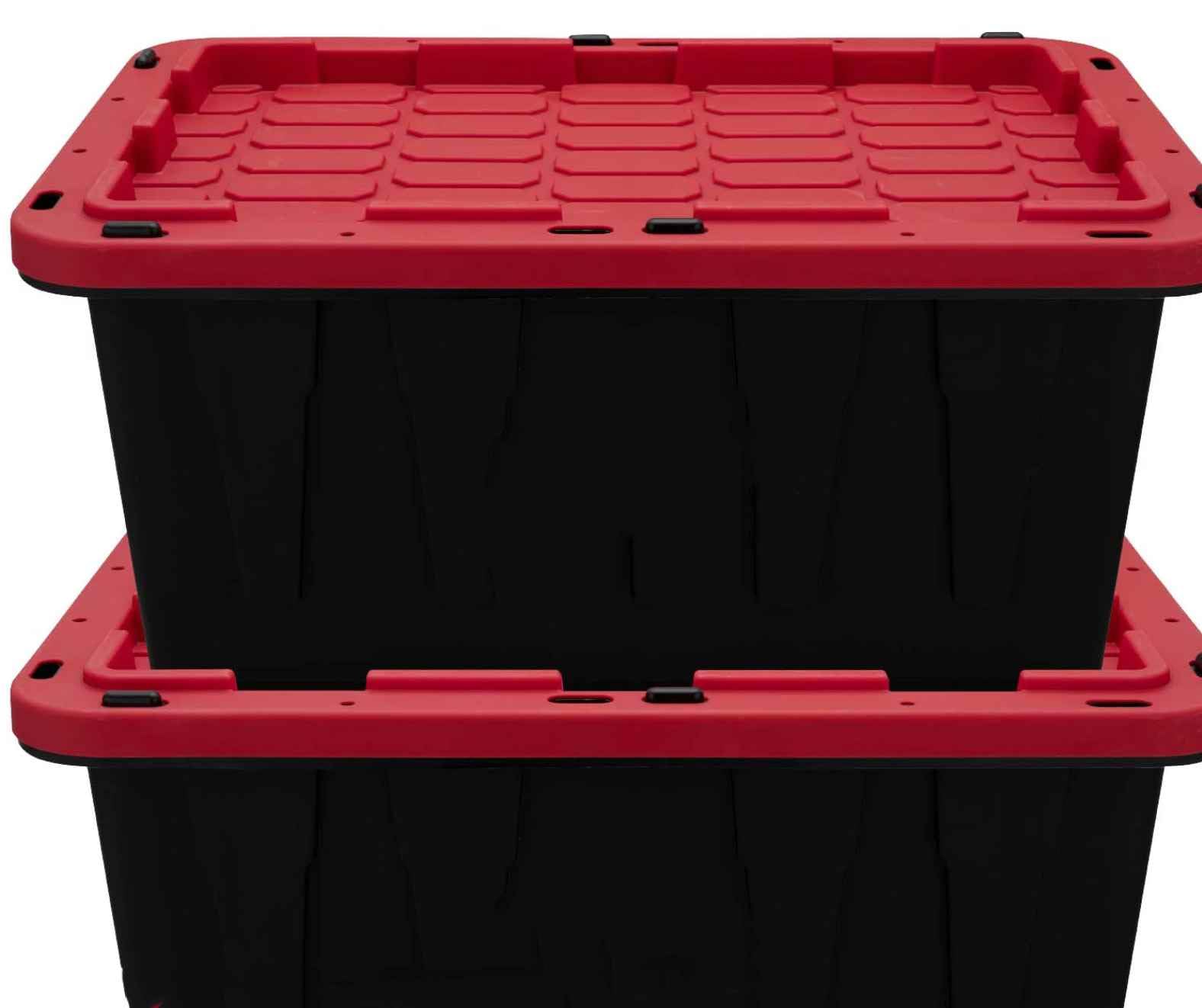 Tough - 17 Gallon Snap Lid Plastic Storage Tote, Black Base/Red Lid, Set of 4