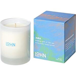 lohn jura mini scented candle - small luxury jar candle for home, long lasting soy wax blend, clean ingredients, orange, eucalyptus & sandalwood, 20 hour burn time, 3 oz