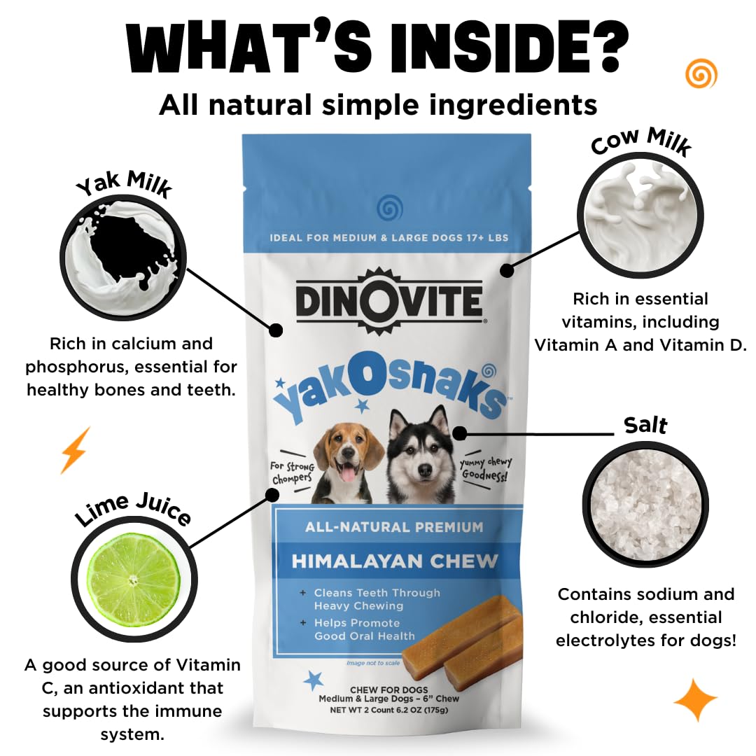 Dinovite YakoSnaks - Himalayan Yak Chews for Dogs - Long Lasting and Low Odor Yak Cheese Dog Chews (Medium/Large Dogs)