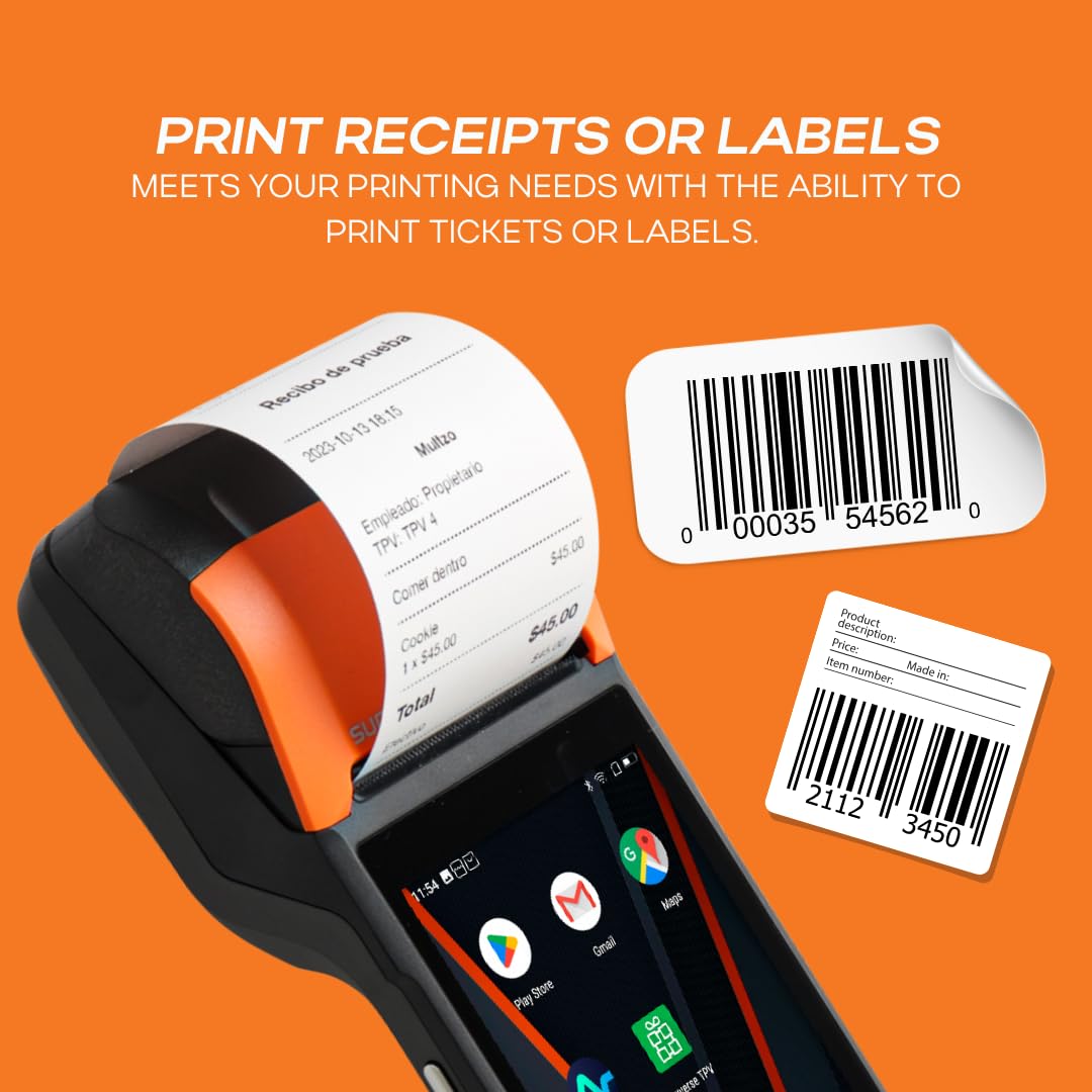 Multzo POS PDA Receipt Printer 58mm High Speed Thermal Printer with Android 12, 5.45’’ Touch Screen. Handheld Mobil SUNMI Point of Sale Tablet. Scan 1D/2D barcodes. (Black + Orange)