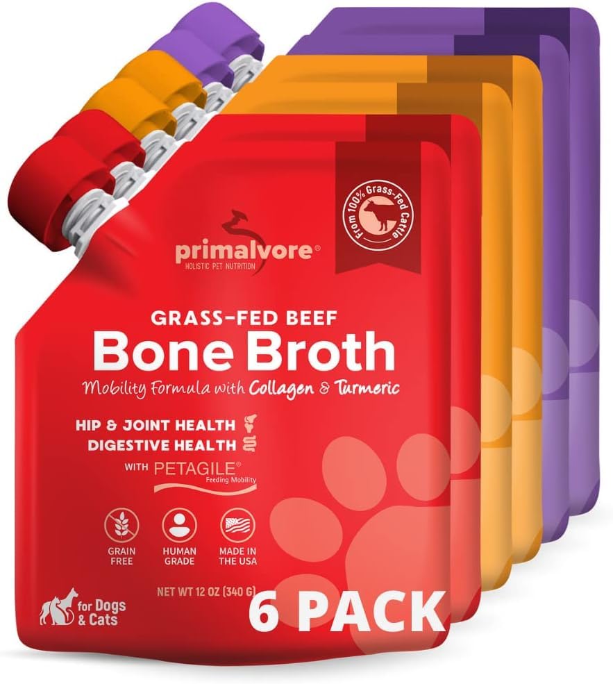 Primalvore Free-Range Bone Broth for Dogs &Cats, Mobility Formula w/Collagen Peptides to Help Support Hip & Joints, Digestion, Skin & Coat and Hydration, Human Grade, Mixed Pack