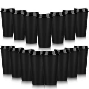 domensi 15 pack reusable plastic coffee cups, 16 oz, bpa free, travel mug with lid, leak proof, spill proof, for hot and cold drinks (black)