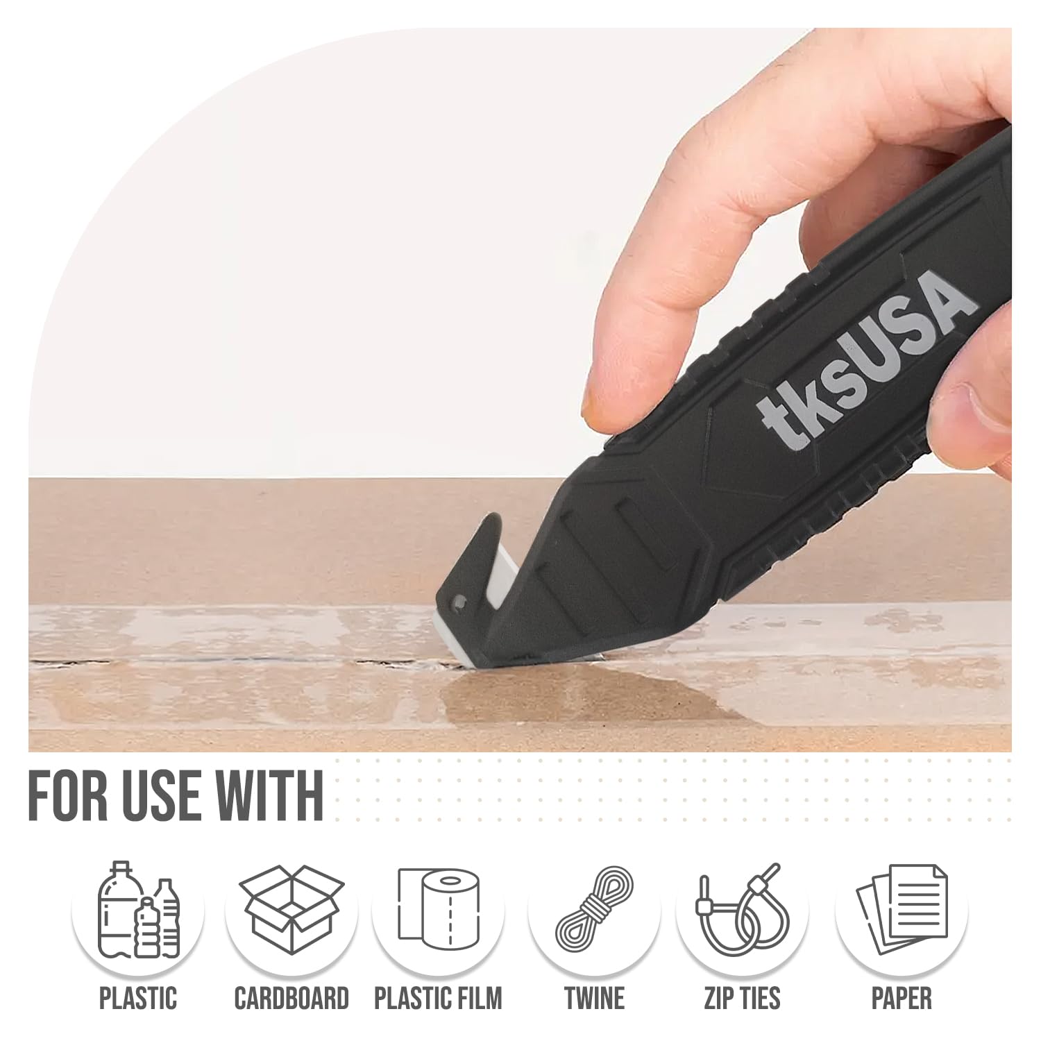 Safety Box Cutter. tksUSA here, your Cutter Stainless, Steel Package Opener. Pack Safety Knife Package Box Opener with Ergonomic Film Cutting Blade for Box, Carton, Shrink Wrap, Plastic Straps