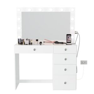 Boahaus Alana White Makeup Vanity Desk with Lights, 5 Drawers, Glass Top, USB Ports