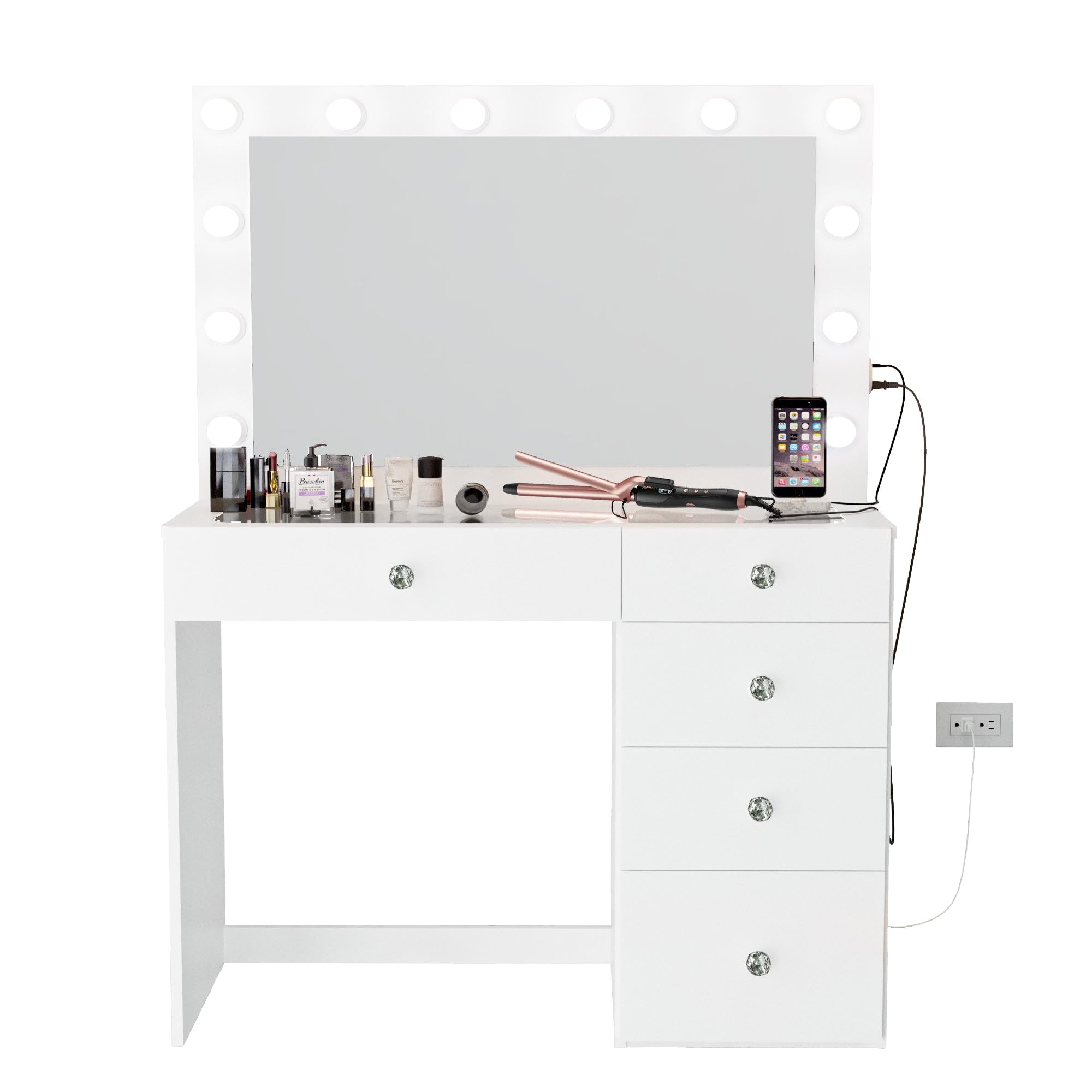 Boahaus Alana White Makeup Vanity Desk with Lights, 5 Drawers, Glass Top, USB Ports