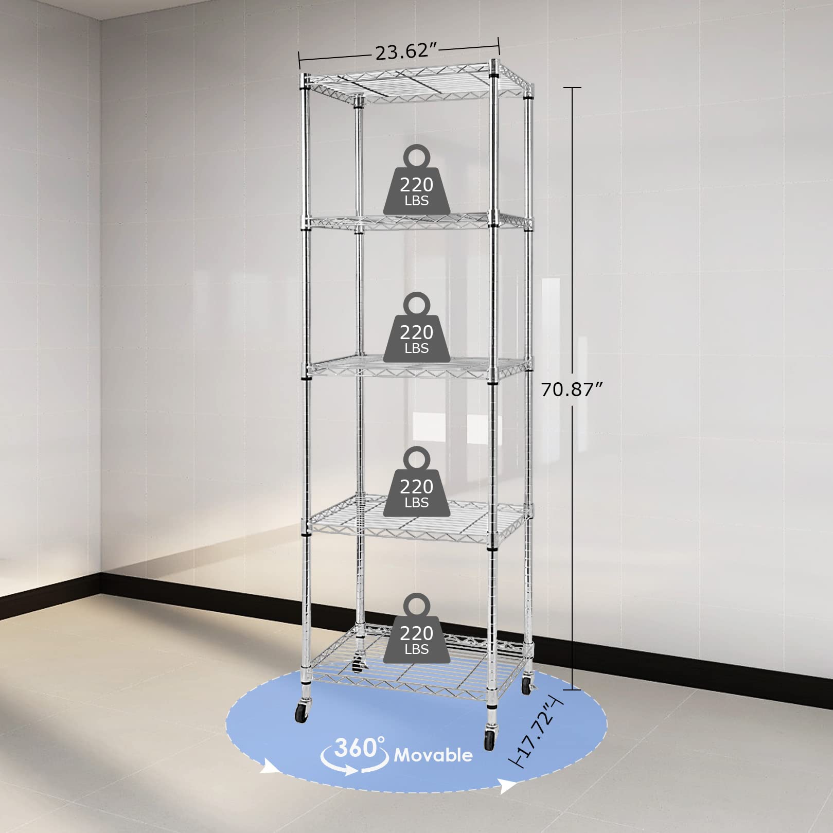 Doredo 5 Tier Narrow Wire Shelving Unit with Wheels, Adjustable Narrow Metal Shelf with NSF Certified, Narrow Storage Shelves for Laundry, Garage, Kitchen, Pantry, 18" D X 24" W X 71" H, Chrome