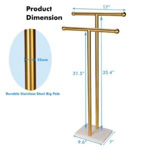 WAYDELI Standing Towel Rack Double-T Shape Tall Bath Towel Sheet Holder with Marble Design Base for Bathroom 2 Tier Towel Holder Stand Stainless Steel (Brushed Gold)