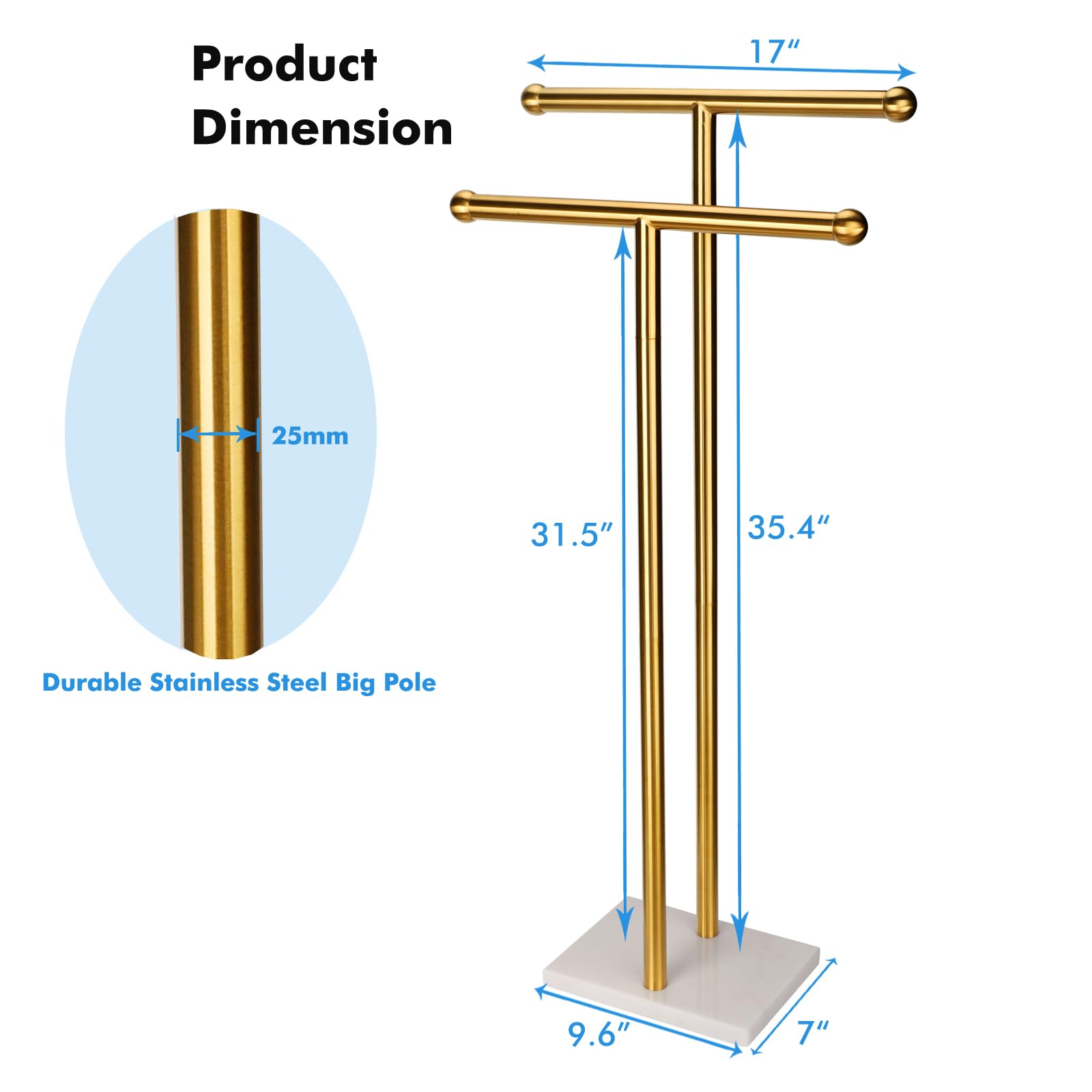 WAYDELI Standing Towel Rack Double-T Shape Tall Bath Towel Sheet Holder with Marble Design Base for Bathroom 2 Tier Towel Holder Stand Stainless Steel (Brushed Gold)